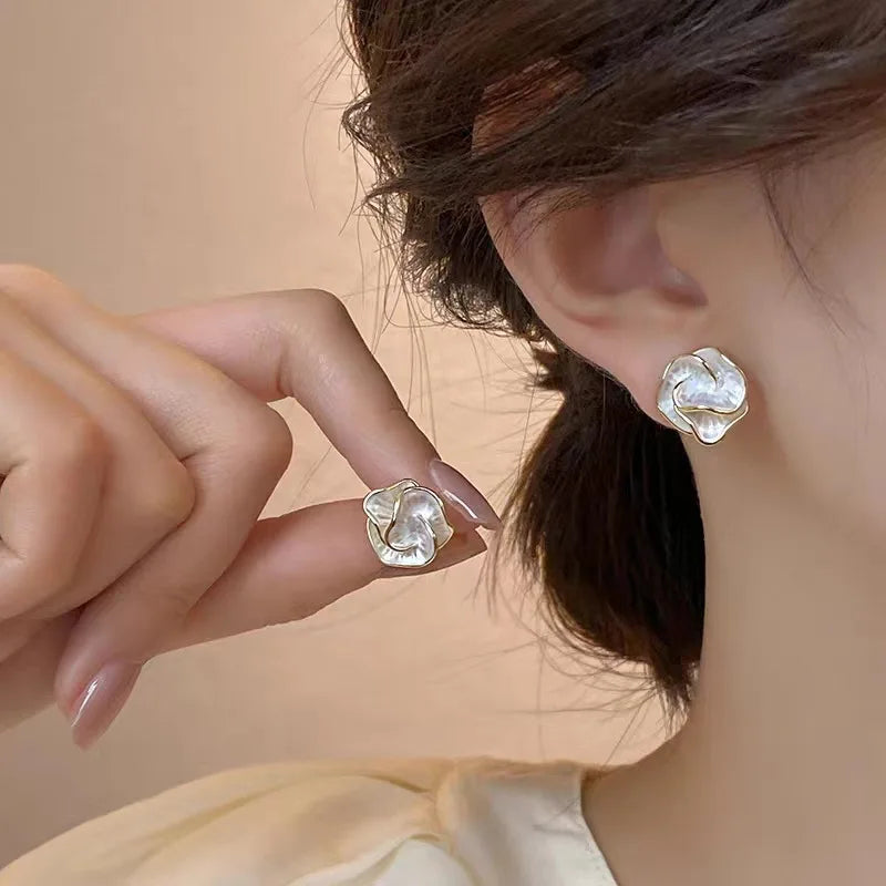 Elegant White Enamel Layered Flower Stud Earrings