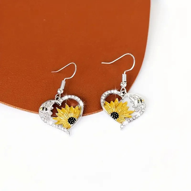 Boho Sunflower & Bee Heart Dangle Earrings