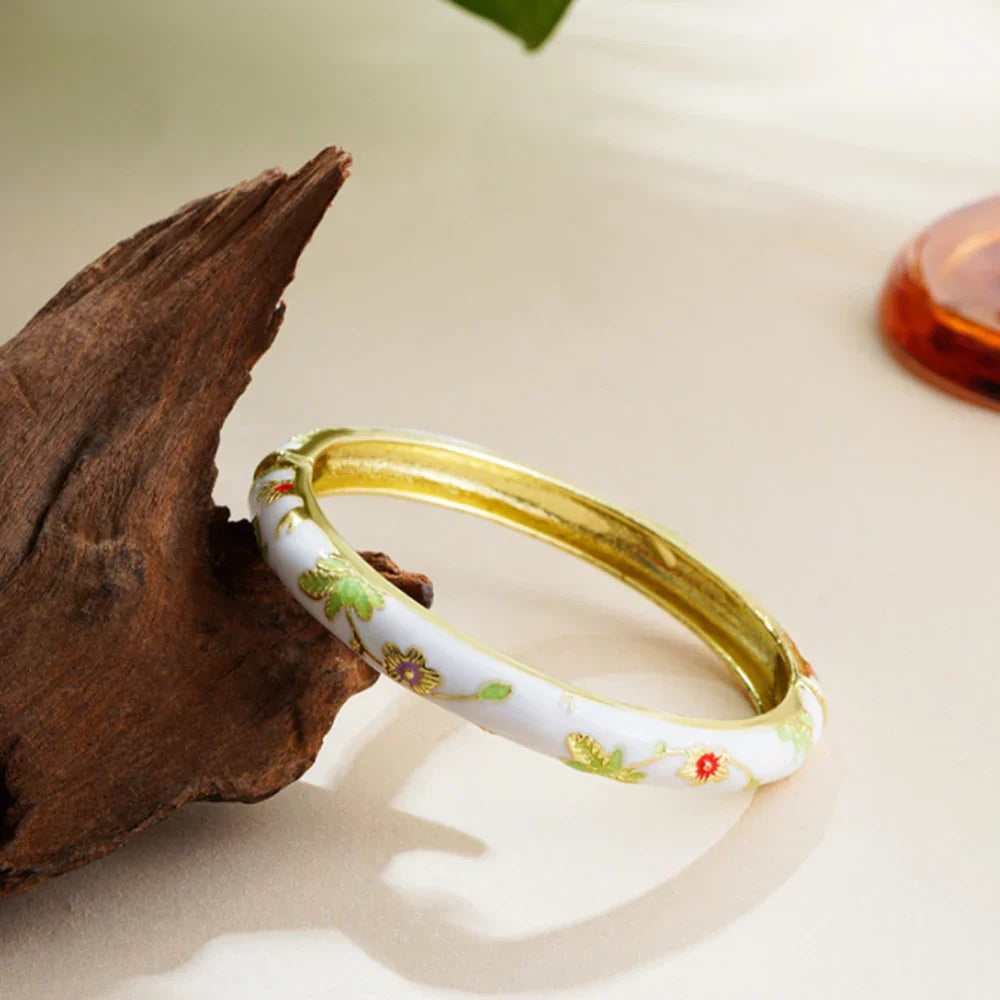 Vintage Floral Cloisonné Open Bangle