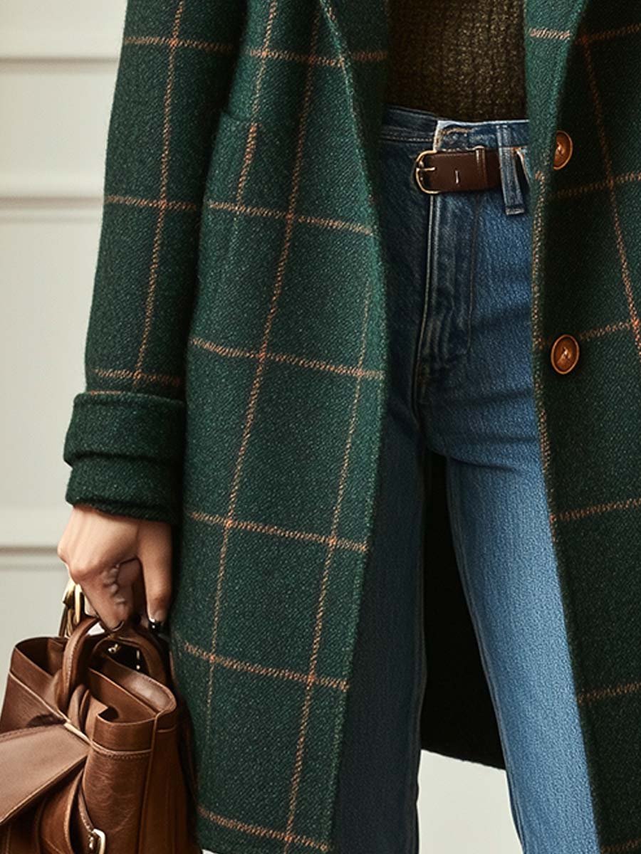 Wendy-Women's Retro Lapel Plaid Tweed Coat