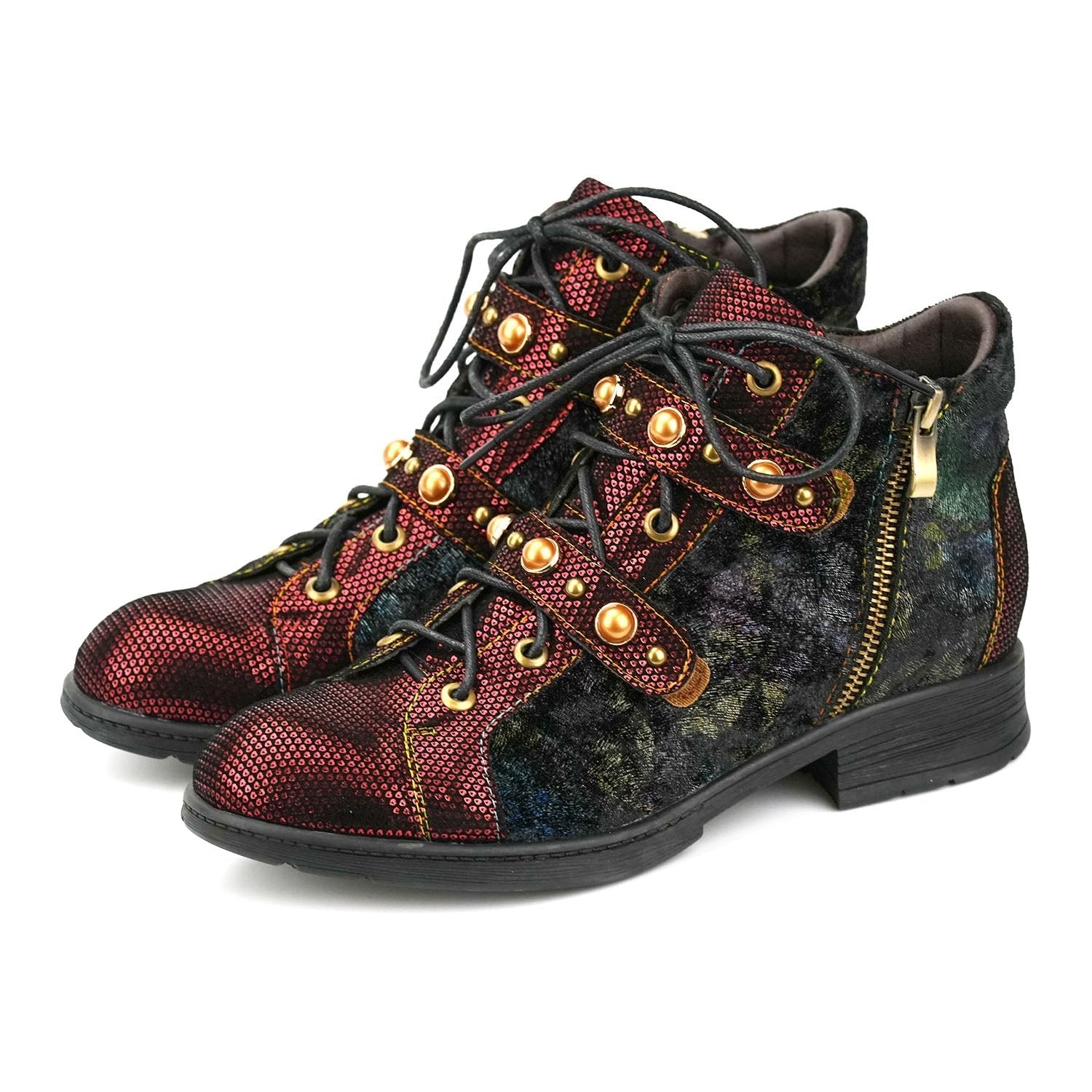 Retro Metallic Embossed Suede Ankle Boots