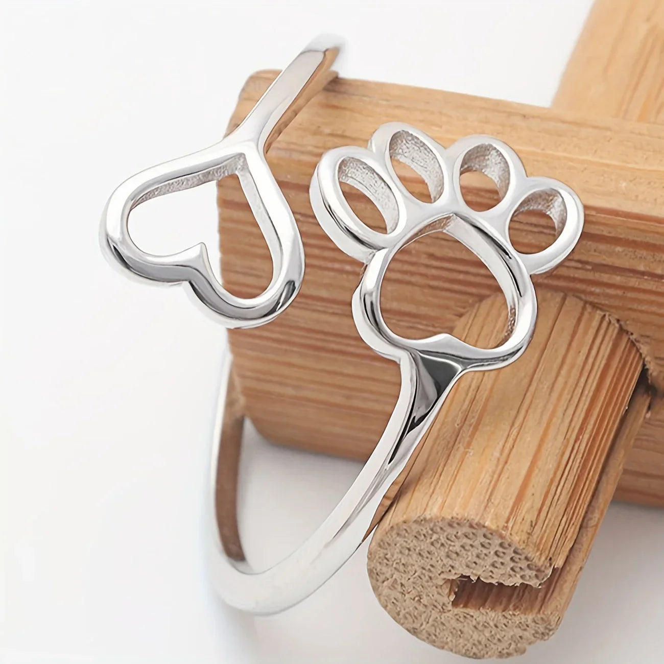 Paw & Heart Ring – Adjustable Silver