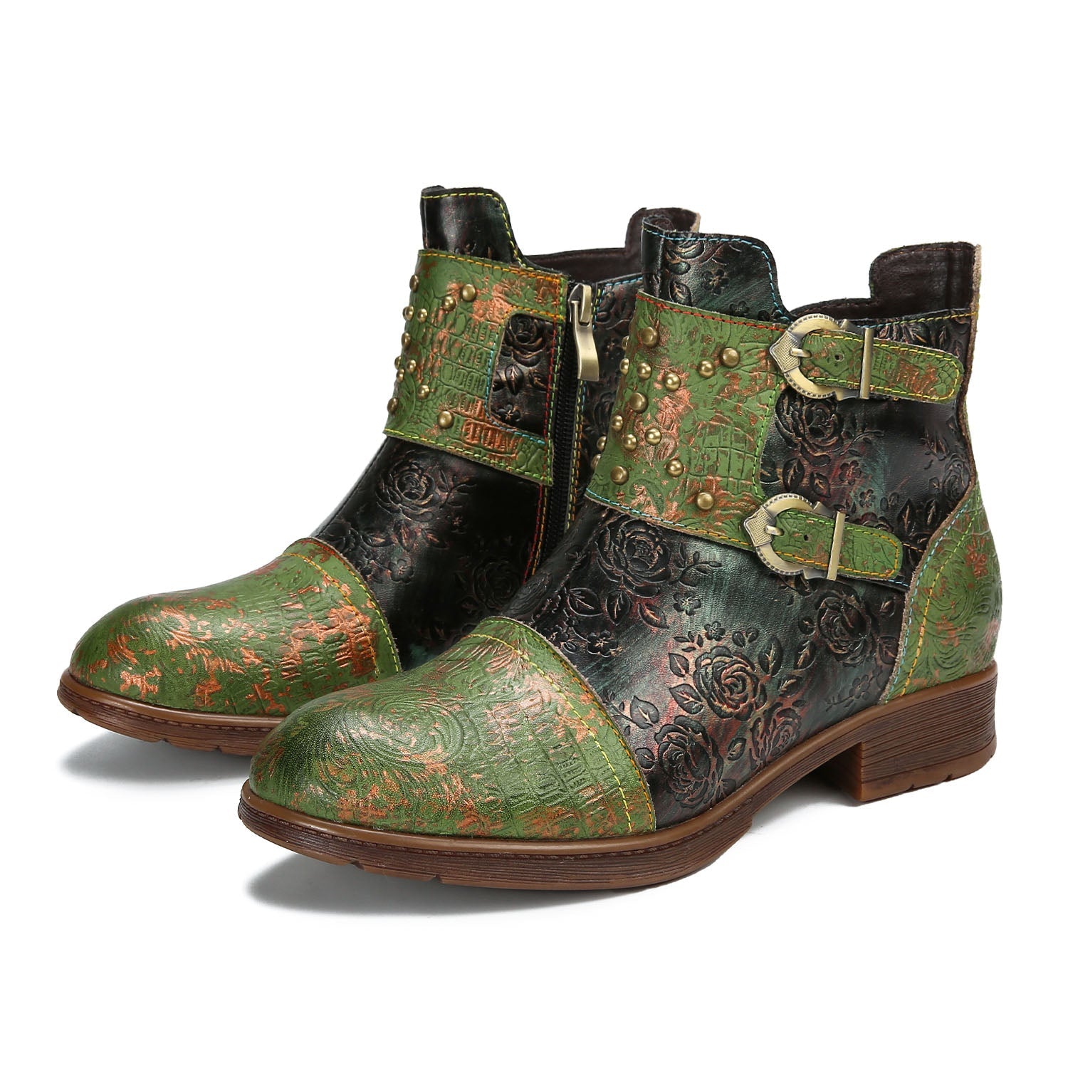 Retro Embossed Rose Flat Boots