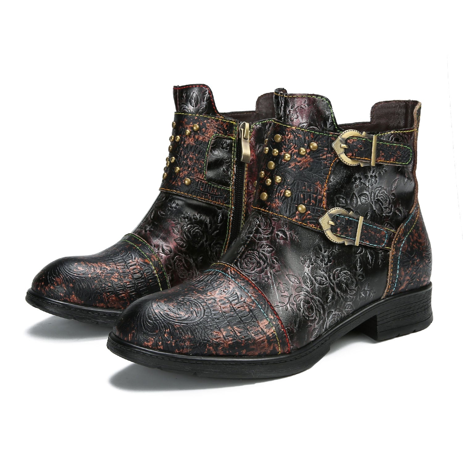 Retro Embossed Rose Flat Boots