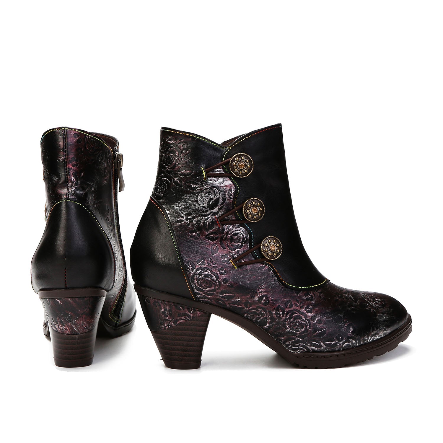 Retro Floral Stitching Button Boots