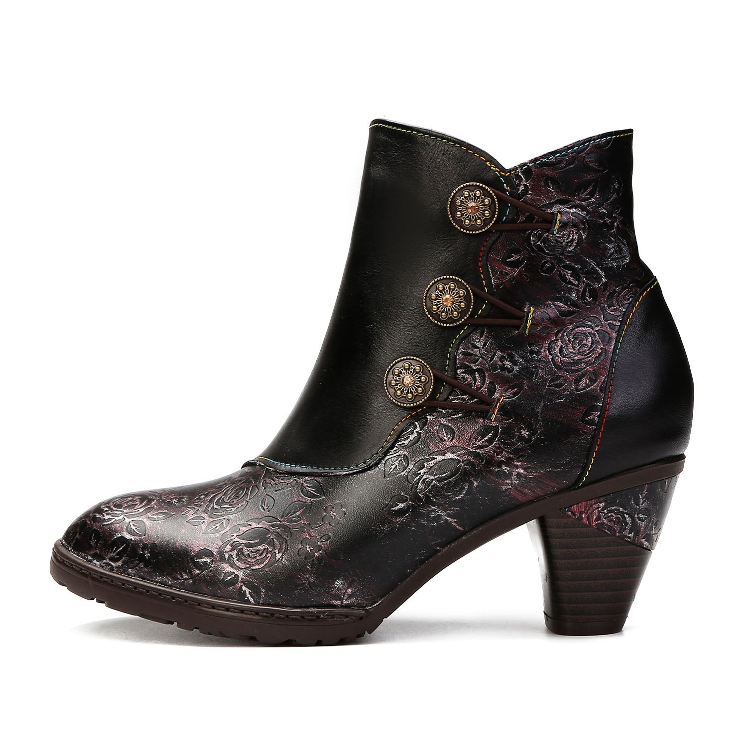 Retro Floral Stitching Button Boots