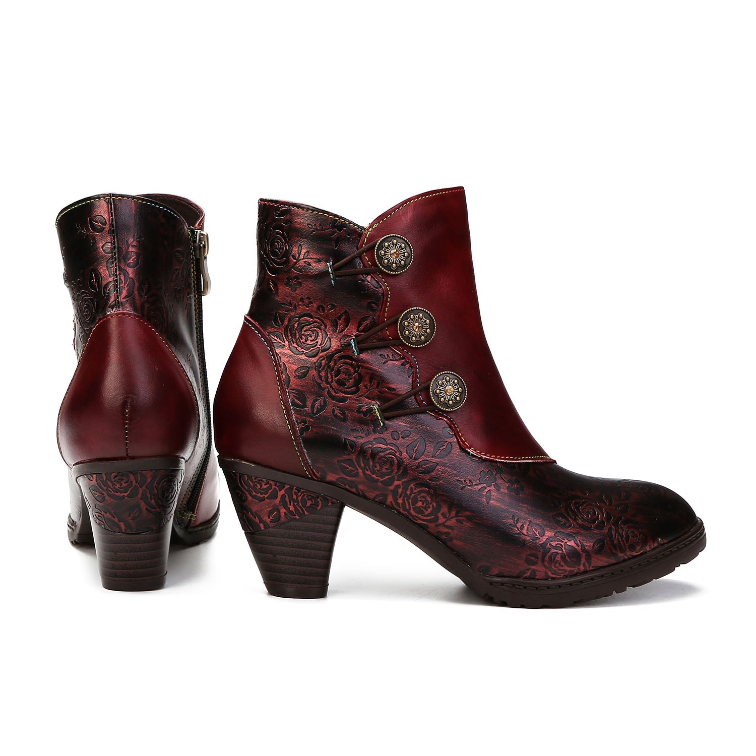 Retro Floral Stitching Button Boots