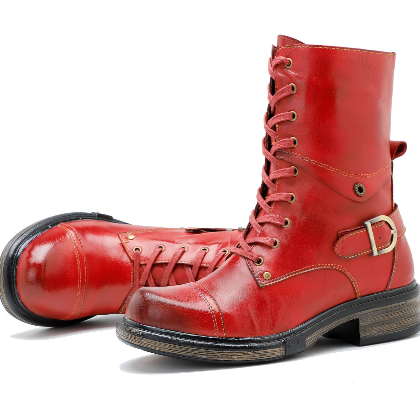 Comfortable Genuine Leather Boots With Laces And Inside Zippers