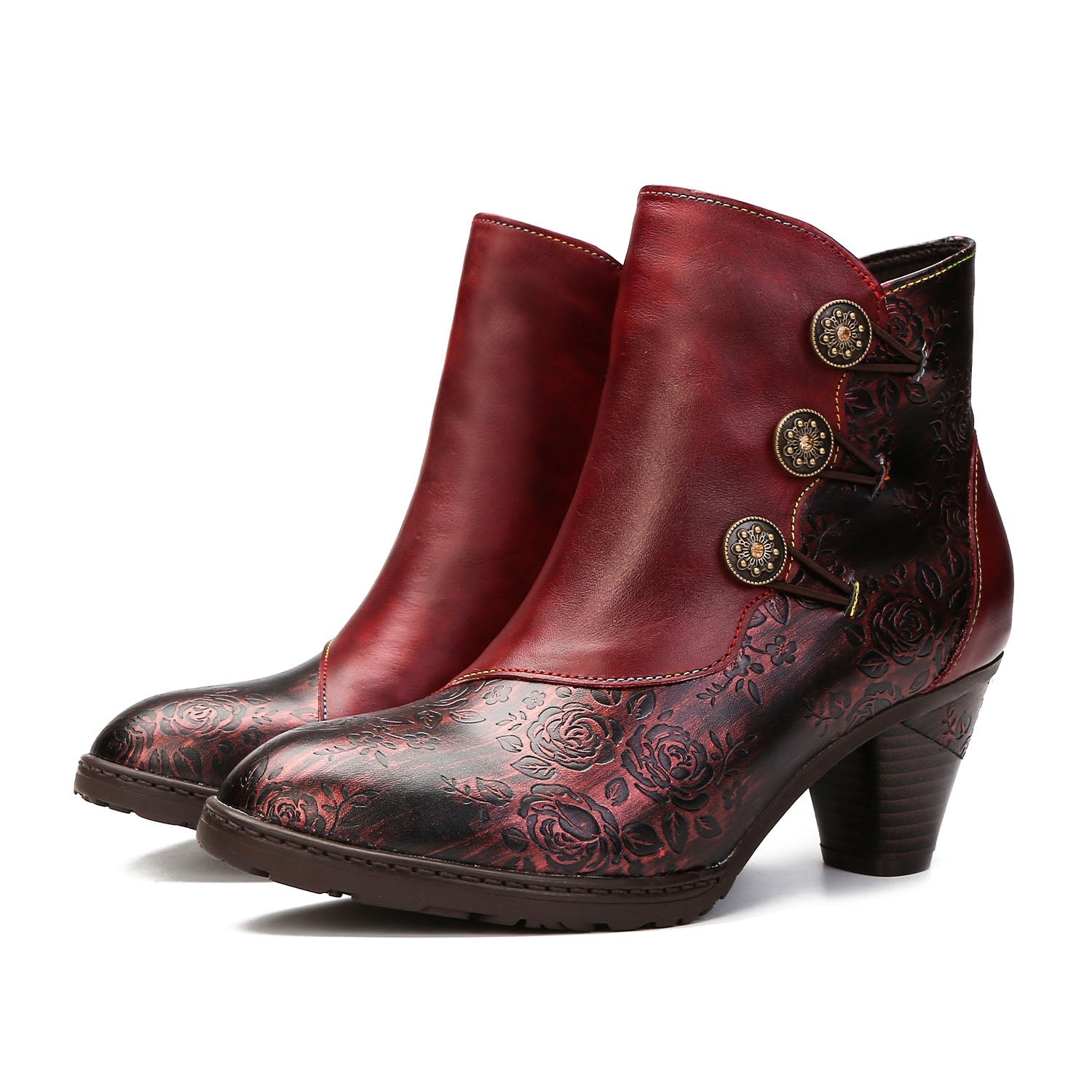 Retro Floral Stitching Button Boots