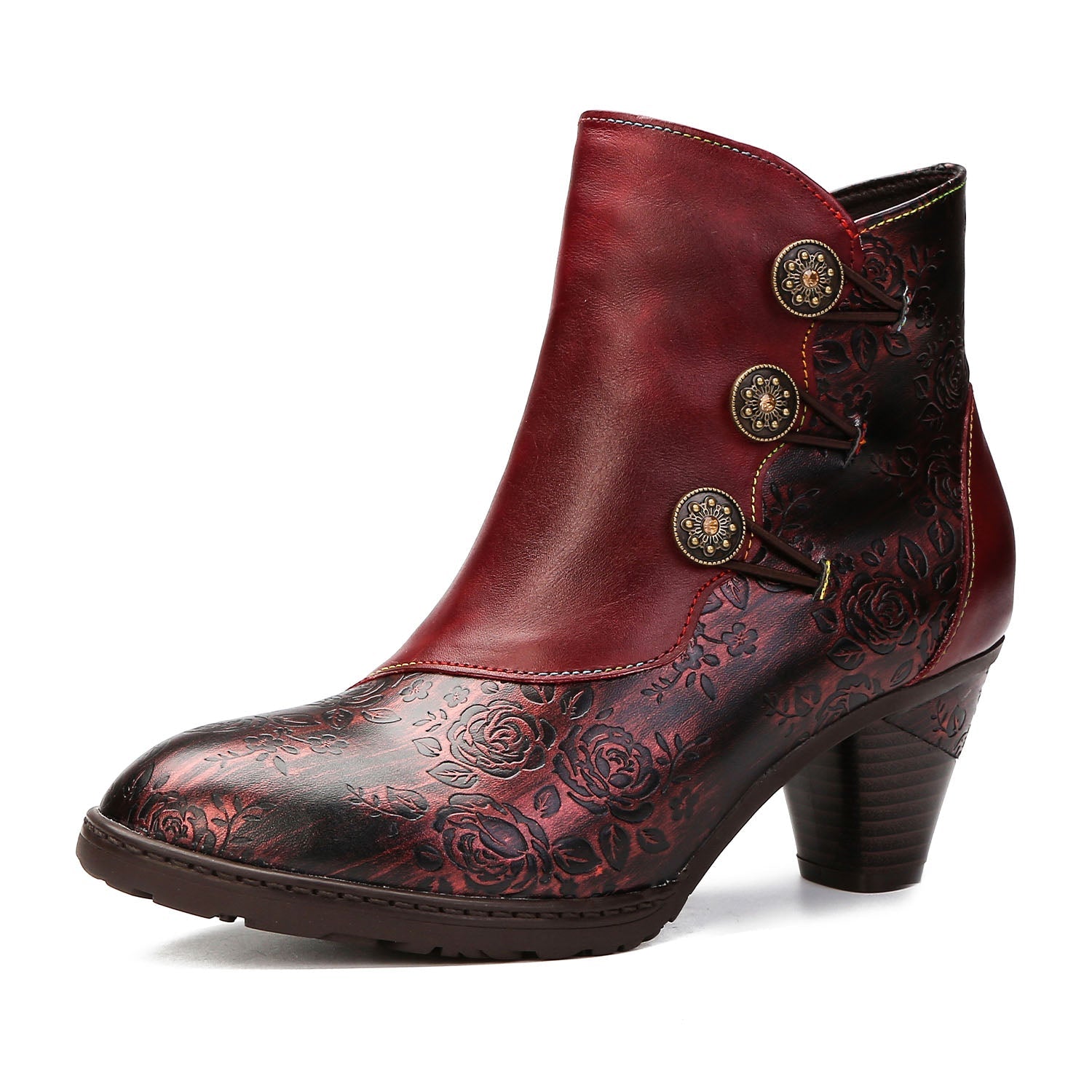Retro Floral Stitching Button Boots