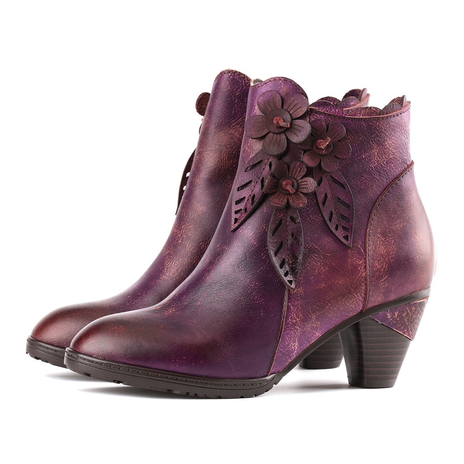 Retro Floral Leather Solid Color Ankle Boots