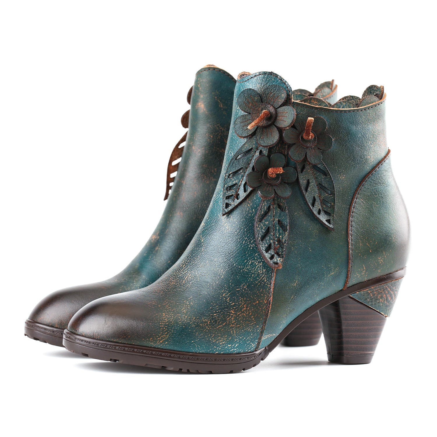 Retro Floral Leather Solid Color Ankle Boots