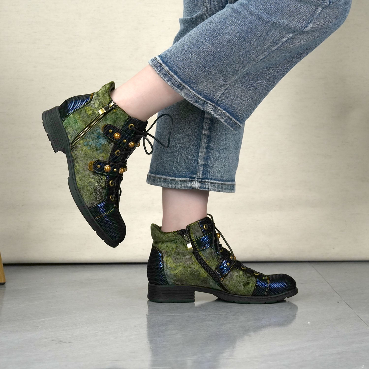 Retro Metallic Embossed Suede Ankle Boots