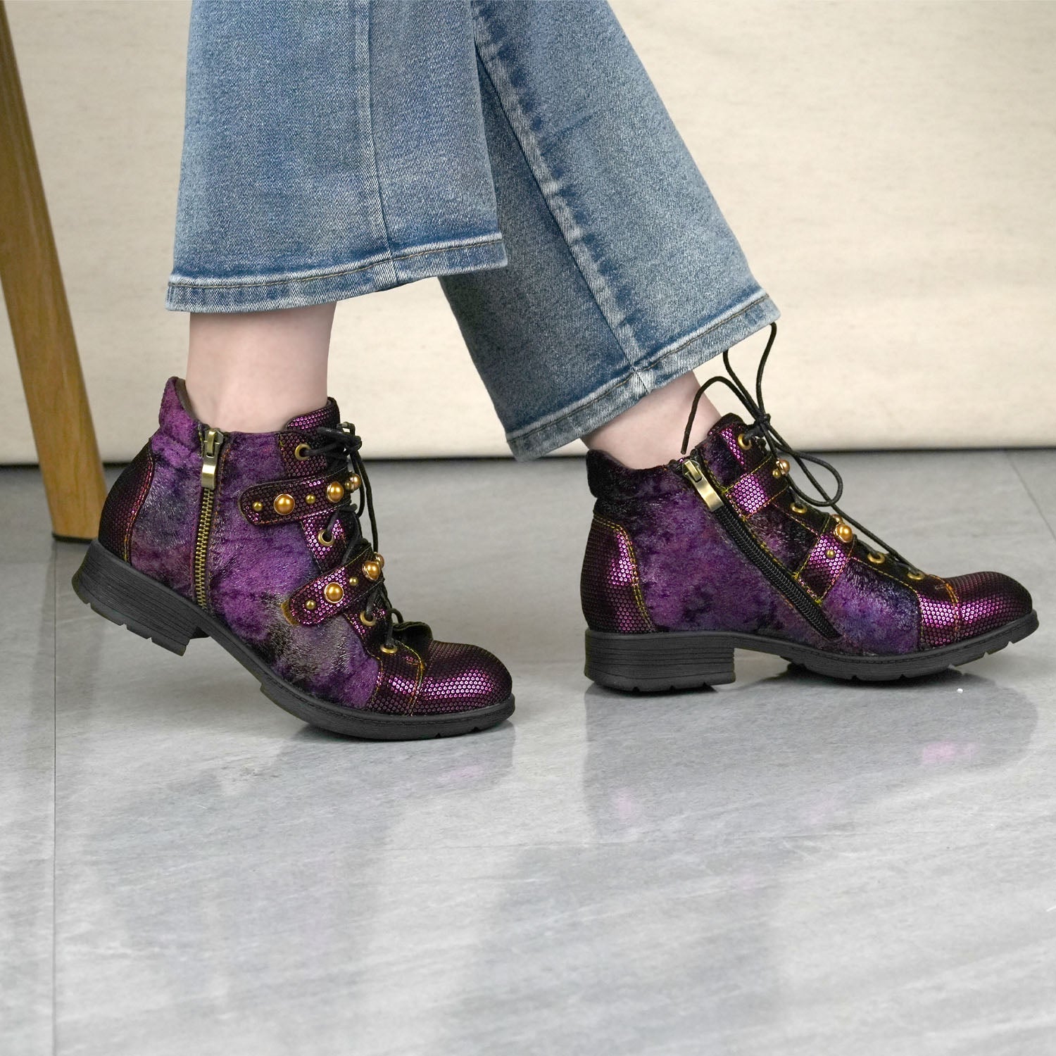 Retro Metallic Embossed Suede Ankle Boots