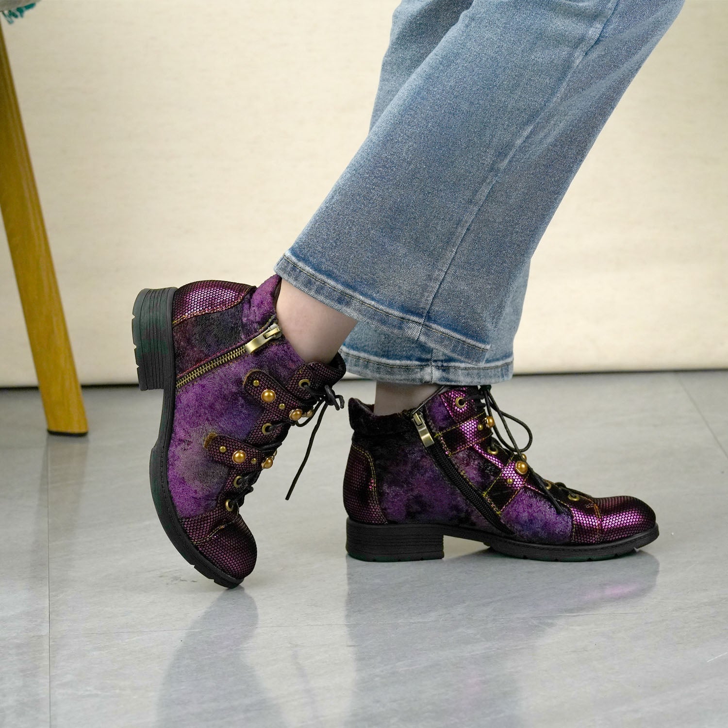 Retro Metallic Embossed Suede Ankle Boots